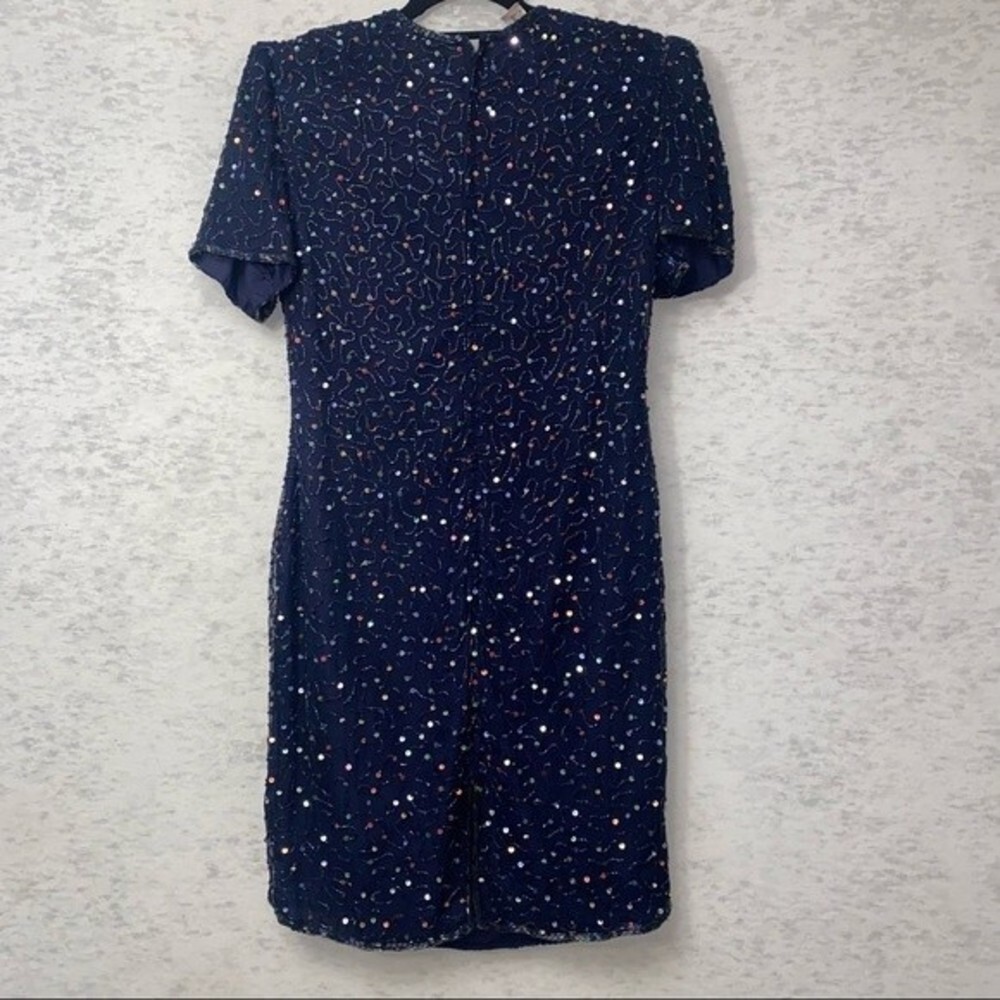NWT Laurence Kazar Pure Silk Sequin Royal Navy Blue Cocktail Evening Dress SZ M - Picture 6 of 12
